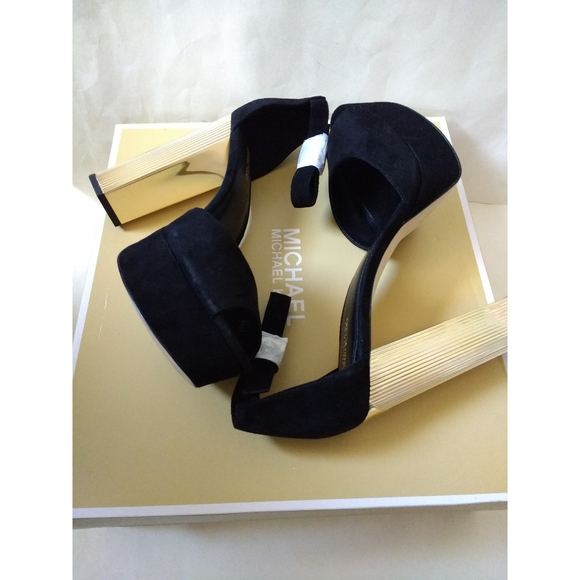 ๐ MICHAEL KORS Paloma Suede Platform Sandals Peep-Toe Black Gold - Picture 7 of 8
